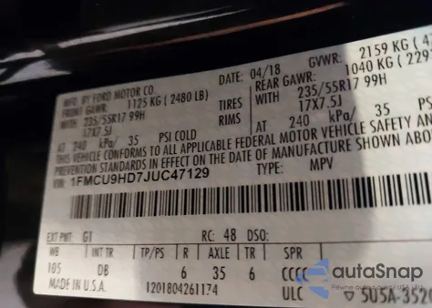 2018 Ford Escape Sel from USA, damaged, VIN 1FMCU9HD7JUC47129